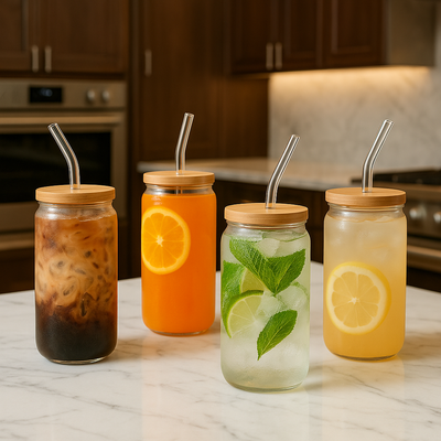 Glass Cups with Bamboo Lid and Straw