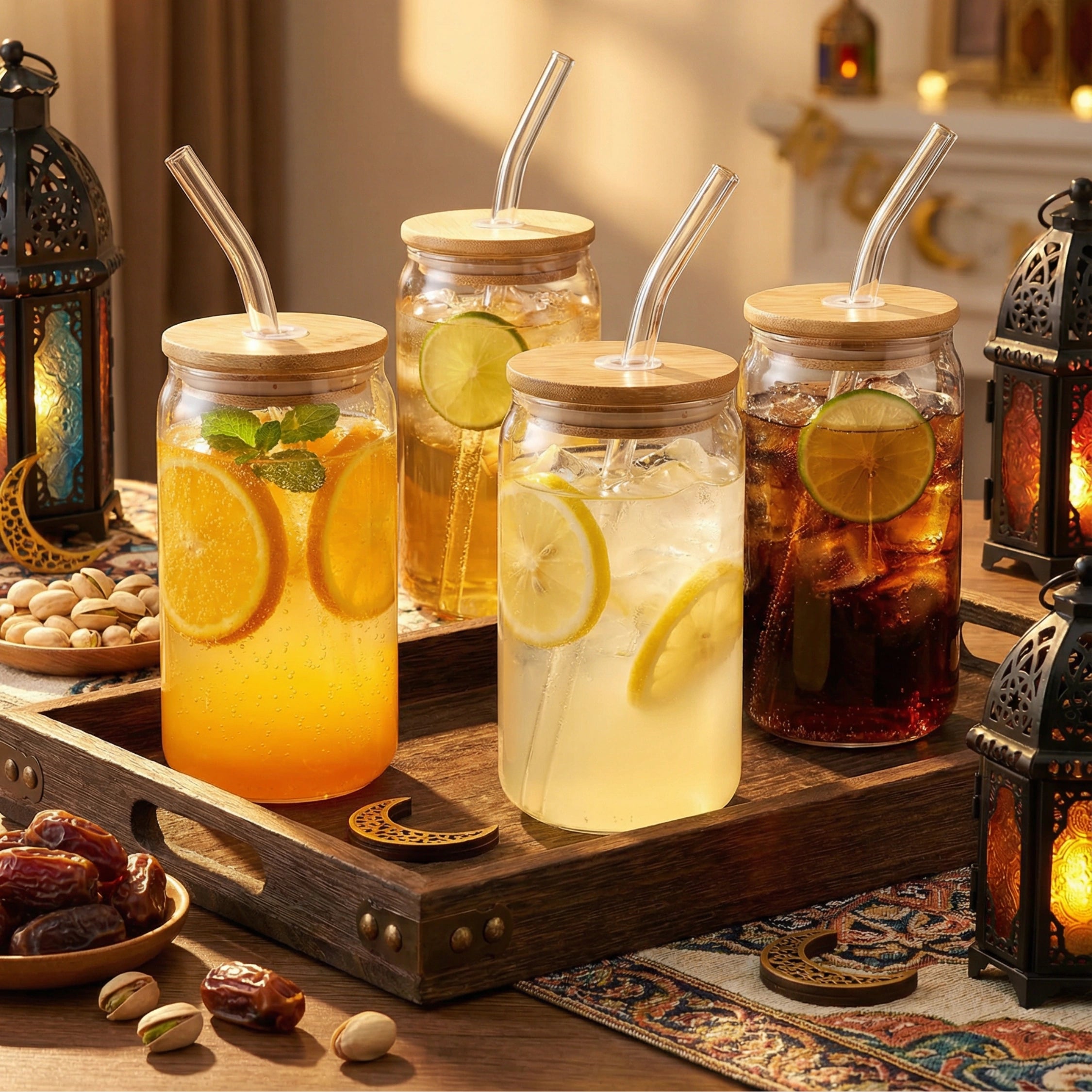 Glass Cups with Bamboo Lid and Straw