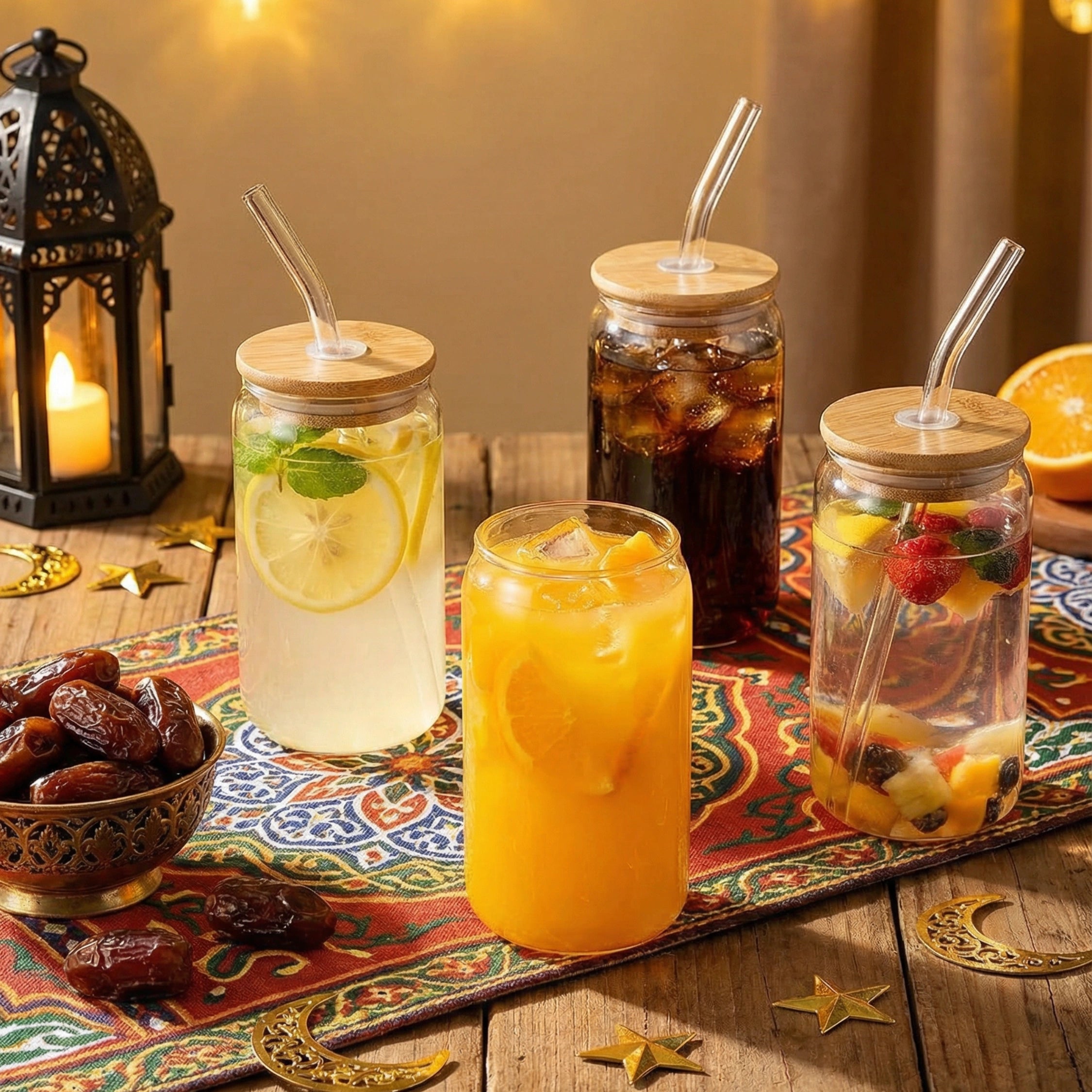 Glass Cups with Bamboo Lid and Straw