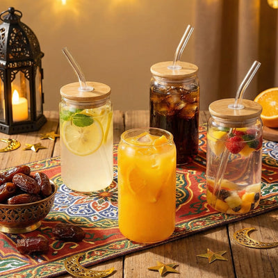 Glass Cups with Bamboo Lid and Straw