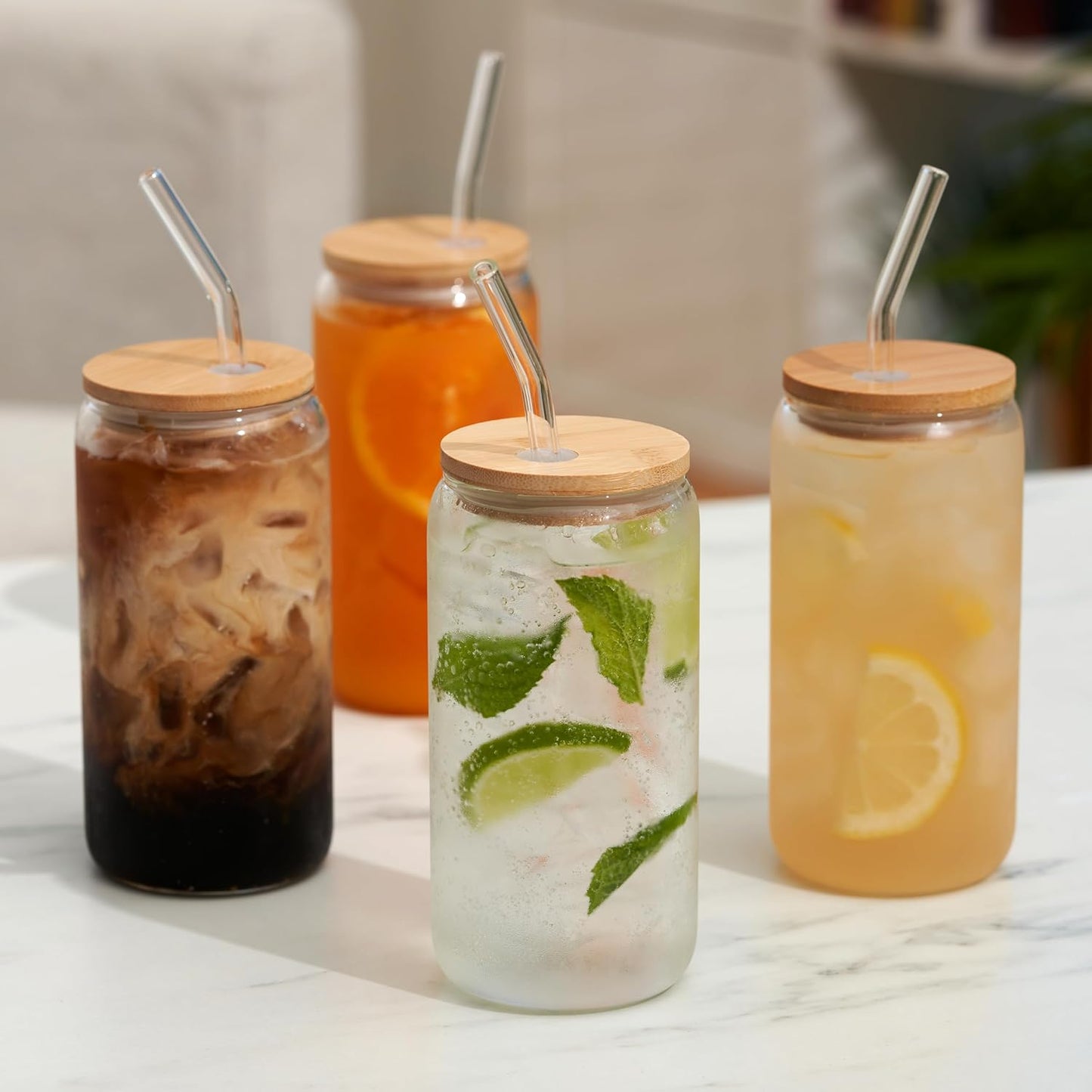 Glass Cups with Bamboo Lid and Straw