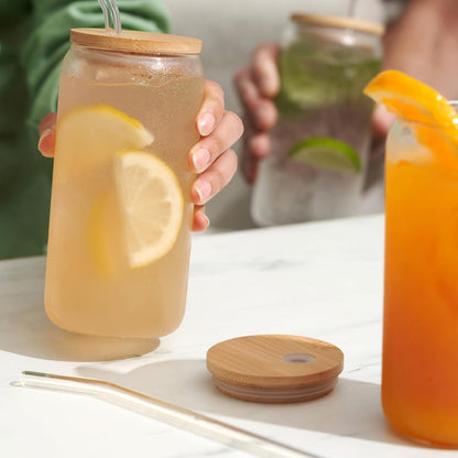 Glass Cups with Bamboo Lid and Straw