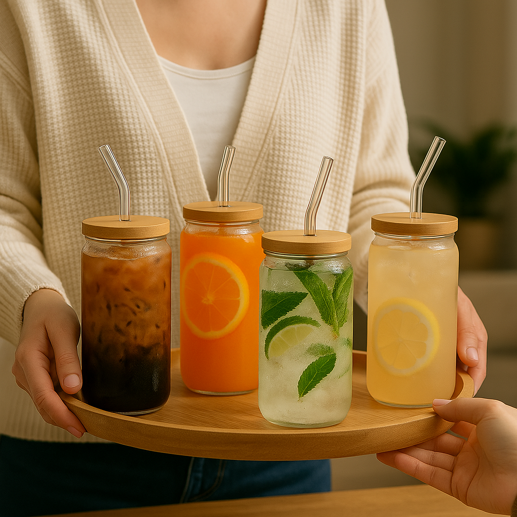 Glass Cups with Bamboo Lid and Straw