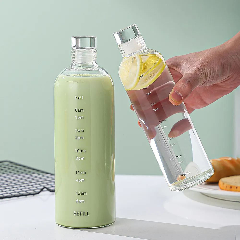 1000ml Glass Water Bottle with Time Scale ( BPA FREE)