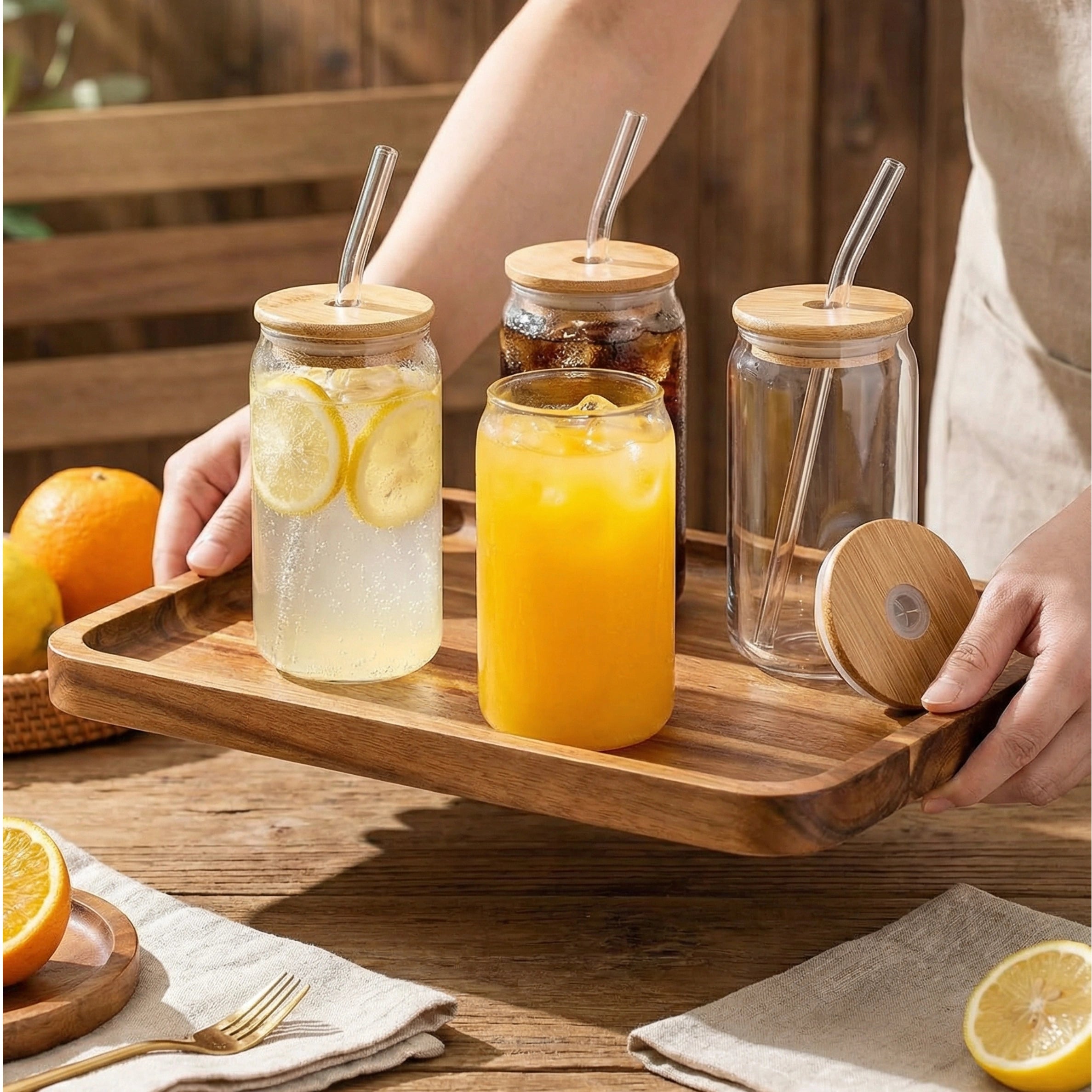 Glass Cups with Bamboo Lid and Straw