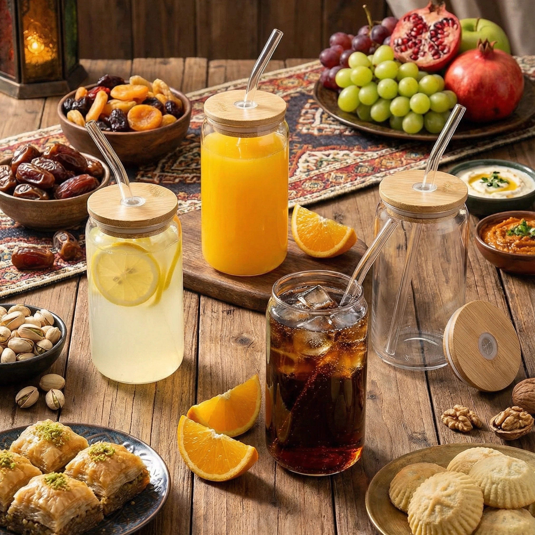 Glass Cups with Bamboo Lid and Straw