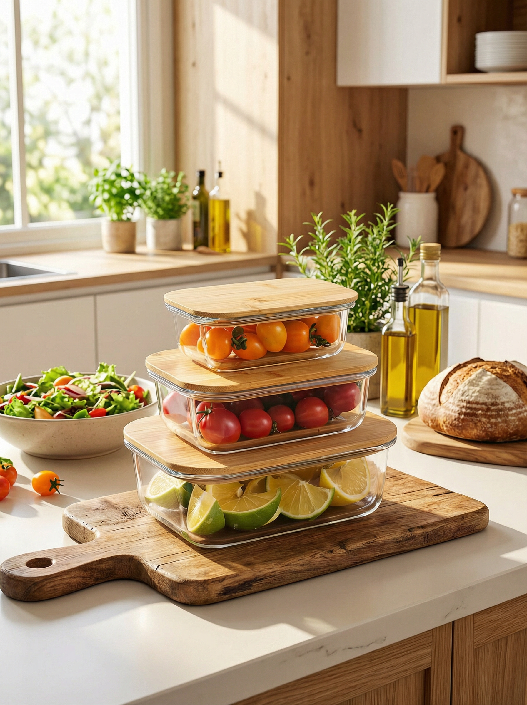 Glass Food Storage Containers with Bamboo Lids, 3 Pack